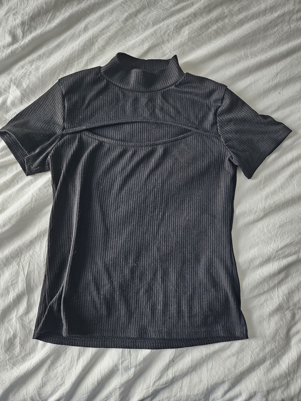 Mock Neck Short Sleeve Ribbed Top - Black